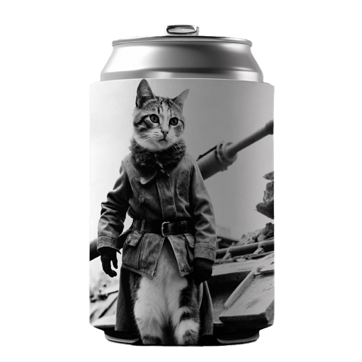 Military Resistance War Soldier Cat Retro Black And White Can Cooler Beer Soda Drink Insulated Holder Sleeve Hugger