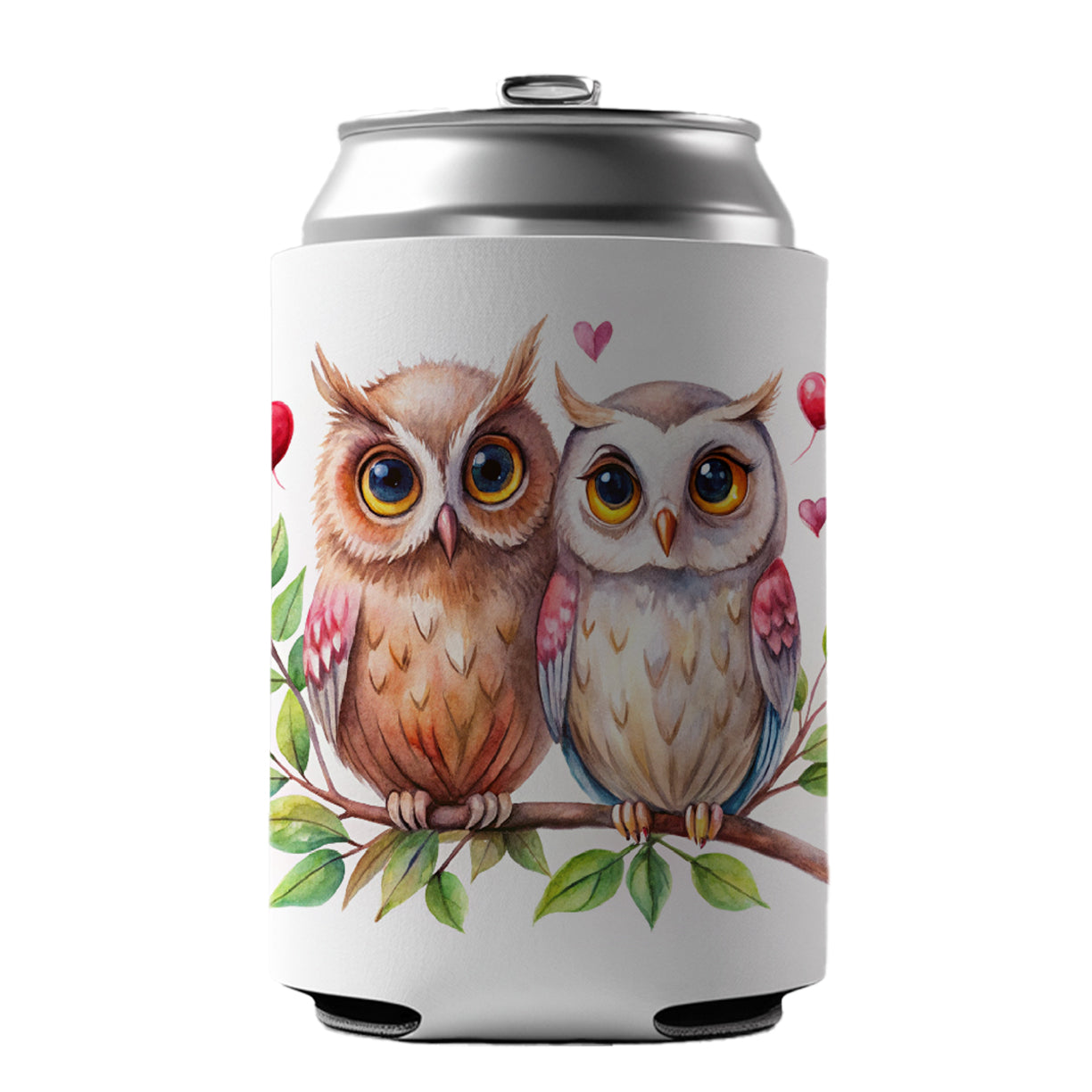 Owls In Love On Branch Hearts Valentine's Day Can Cooler Beer Soda Drink Insulated Holder Sleeve Hugger