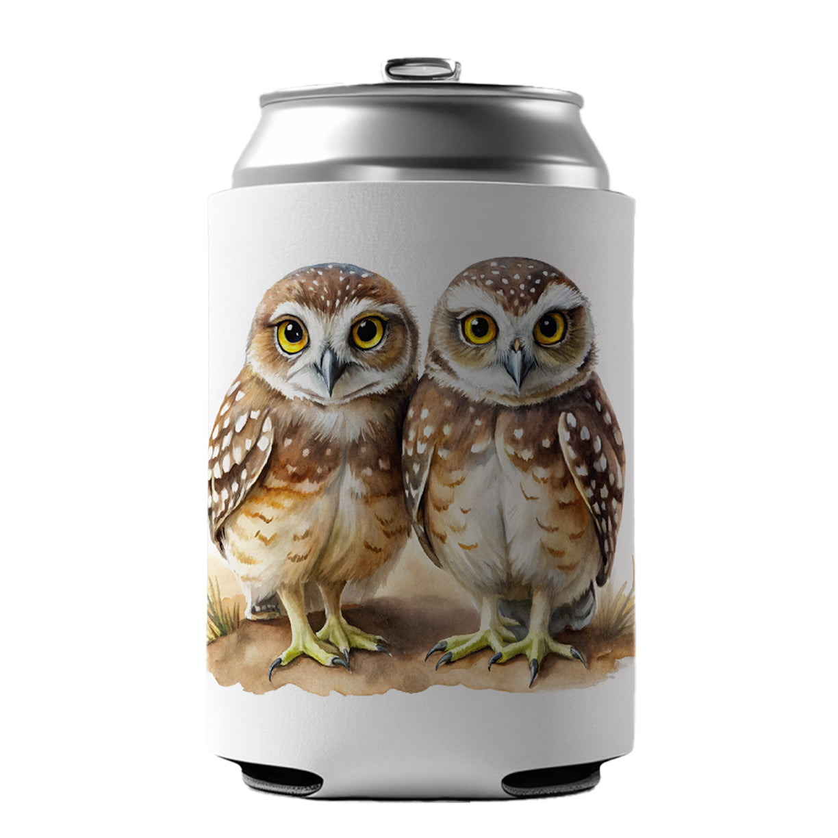 Pair Of Burrowing Owls Bird Watercolor Can Cooler Beer Soda Drink Insulated Holder Sleeve Hugger