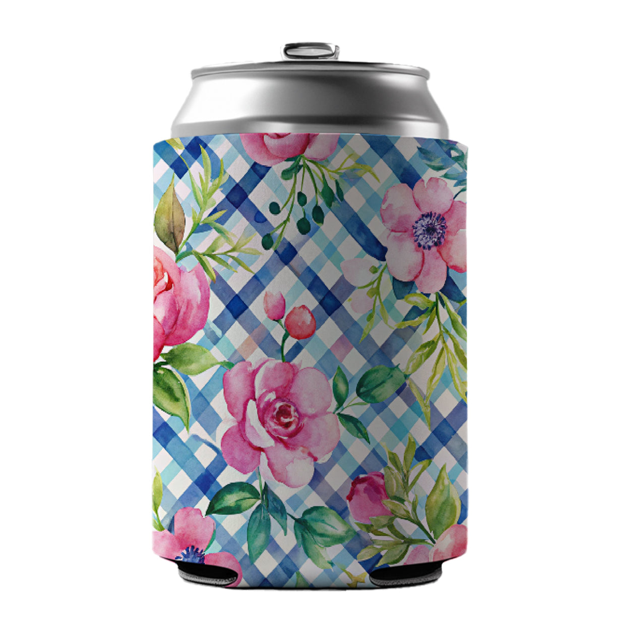 Preppy Pink Flowers Blue Gingham Plaid Can Cooler Beer Soda Drink Insulated Holder Sleeve Hugger