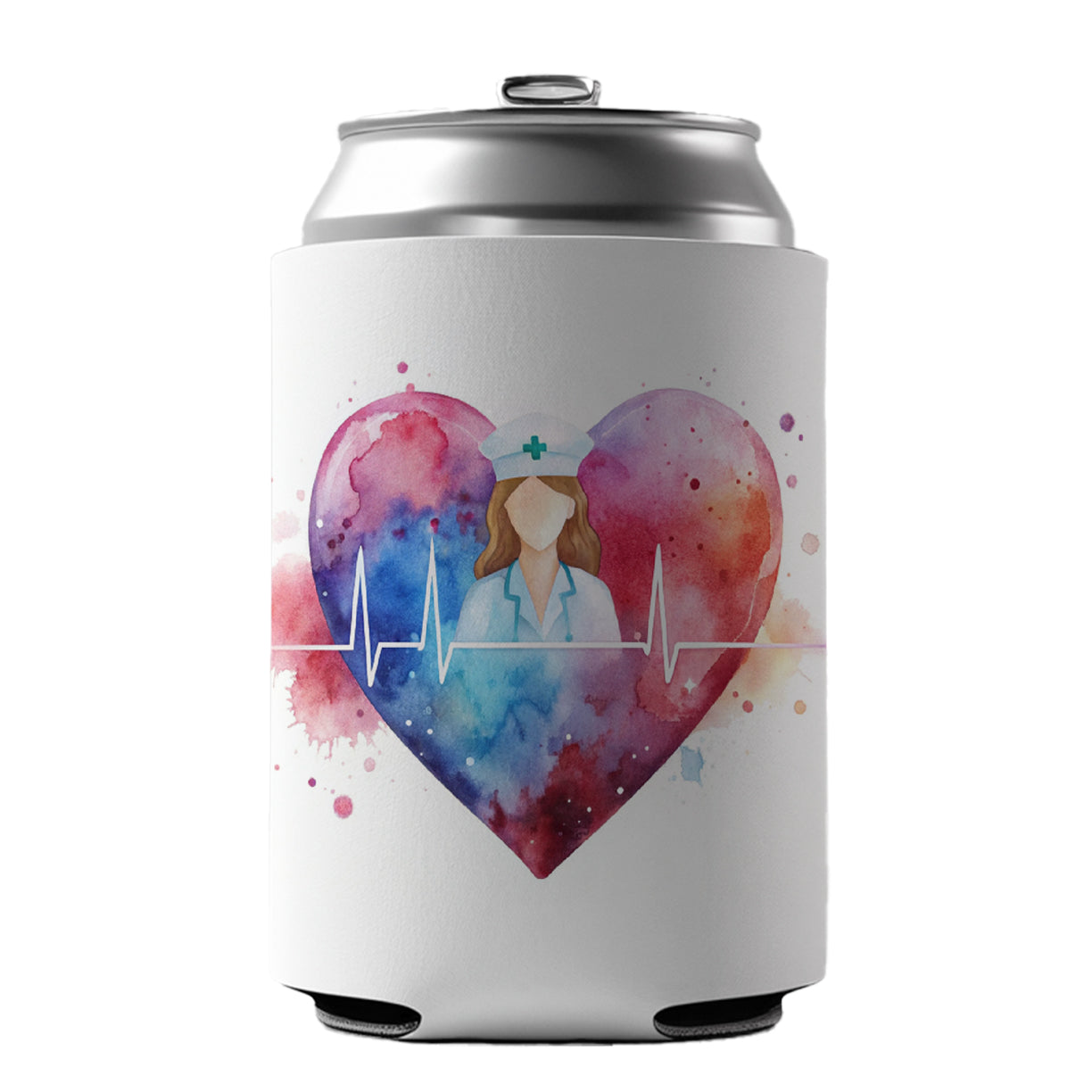RN Nurse Life Pulse Heart Beat Watercolor Can Cooler Beer Soda Drink Insulated Holder Sleeve Hugger