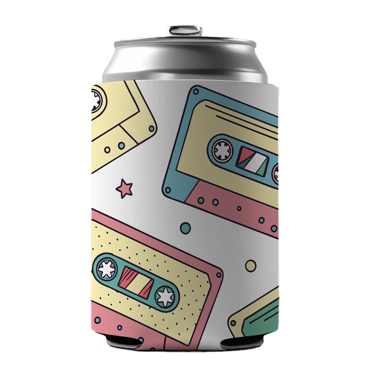 Scattered Cassette Tapes Can Cooler Beer Soda Drink Insulated Holder Sleeve Hugger