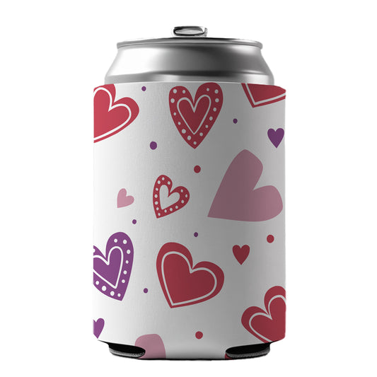 Scattered Hearts Bright Red Pink Purple Love Can Cooler Beer Soda Drink Insulated Holder Sleeve Hugger