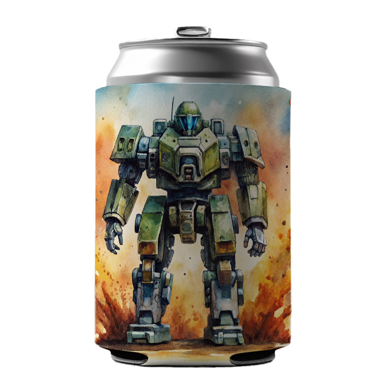 Sci-fi Giant Robot Warrior Mech Watercolor Can Cooler Beer Soda Drink Insulated Holder Sleeve Hugger