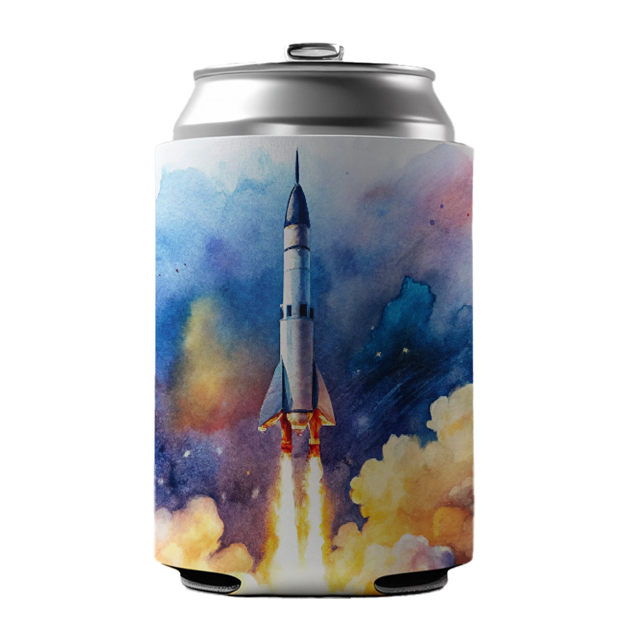 Sci-fi Missile Rocket Launch Watercolor Can Cooler Beer Soda Drink Insulated Holder Sleeve Hugger