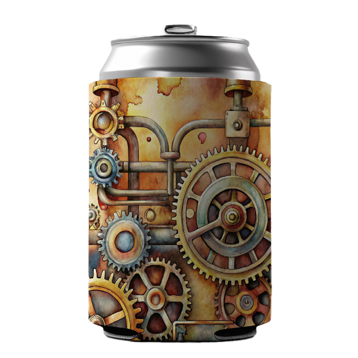 Sci-fi Steampunk Gears And Pipes Watercolor Can Cooler Beer Soda Drink Insulated Holder Sleeve Hugger