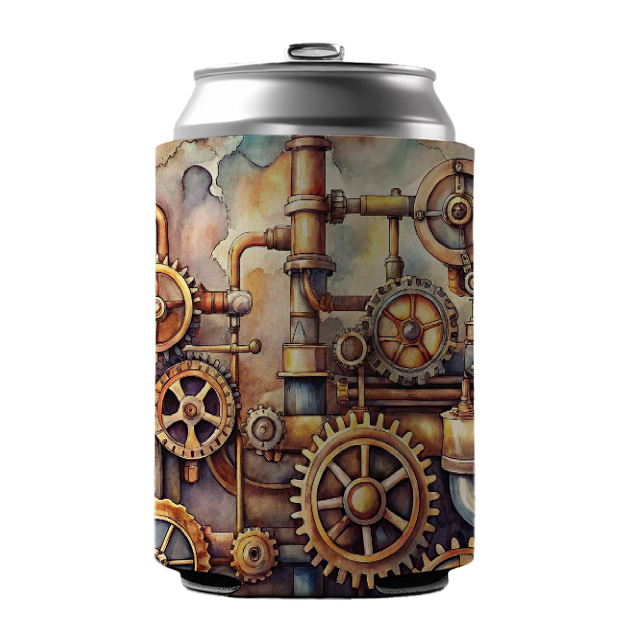 Sci-fi Steampunk Gears Pipes Watercolor Can Cooler Beer Soda Drink Insulated Holder Sleeve Hugger