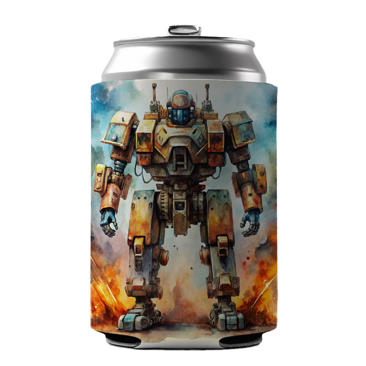 Sci-fi Steampunk Giant Robot Warrior Mech Watercolor Can Cooler Beer Soda Drink Insulated Holder Sleeve Hugger
