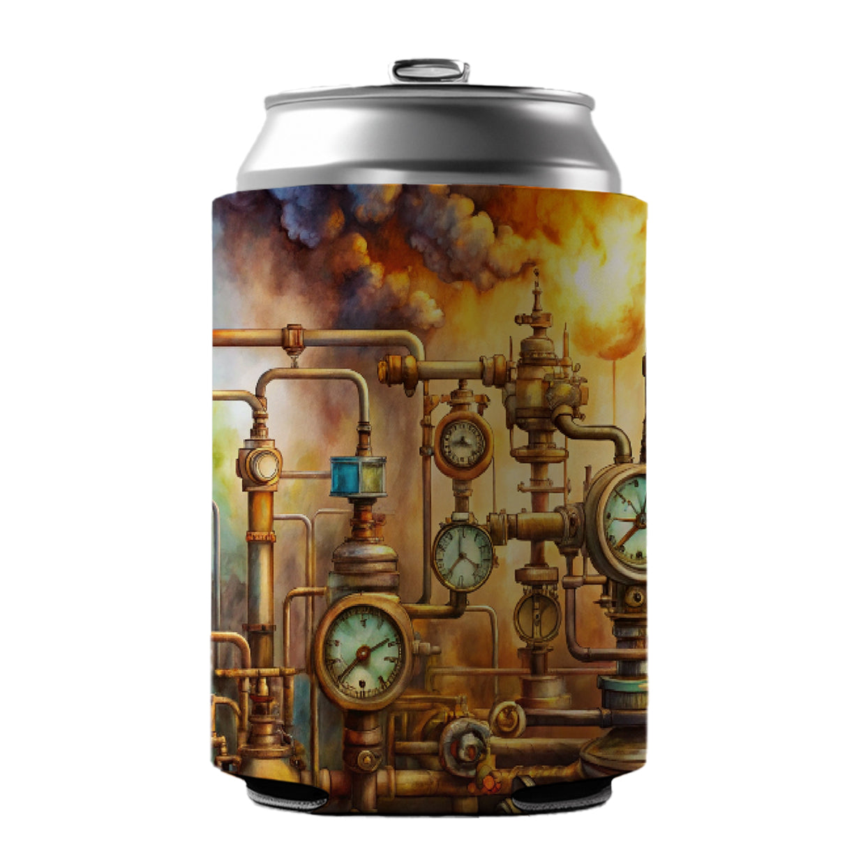 Sci-fi Steampunk Pipes Gauges Steam Fire Watercolor Can Cooler Beer Soda Drink Insulated Holder Sleeve Hugger