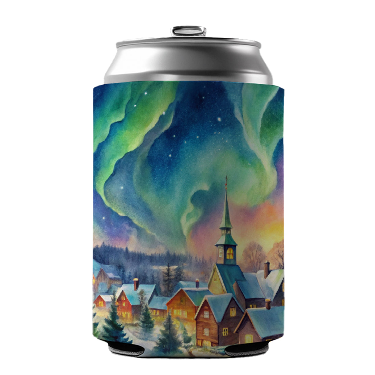 Small Town Northern Lights Watercolor Can Cooler Beer Soda Drink Insulated Holder Sleeve Hugger