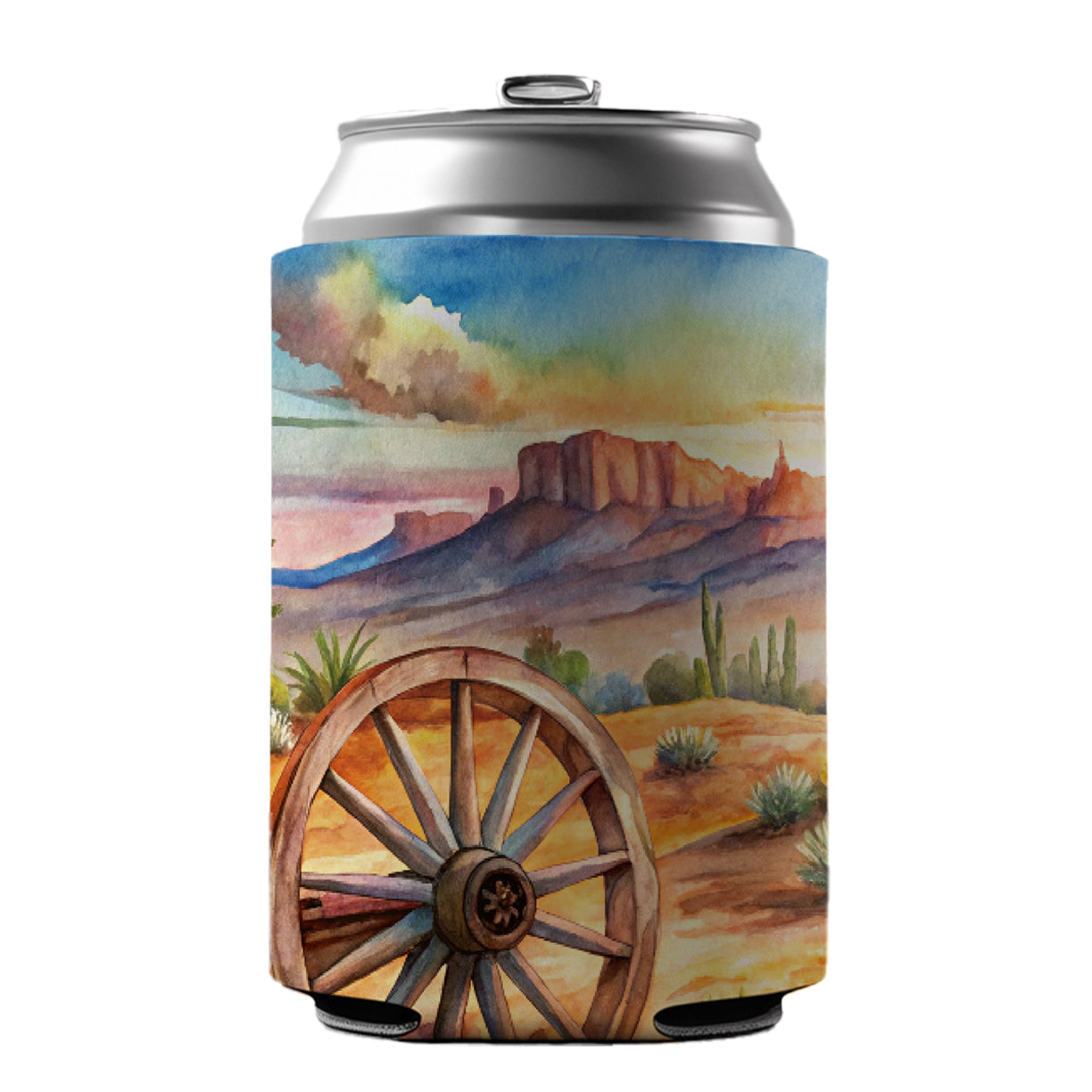 Southwest Desert With Abandoned Wagon Wheel Watercolor Can Cooler Beer Soda Drink Insulated Holder Sleeve Hugger