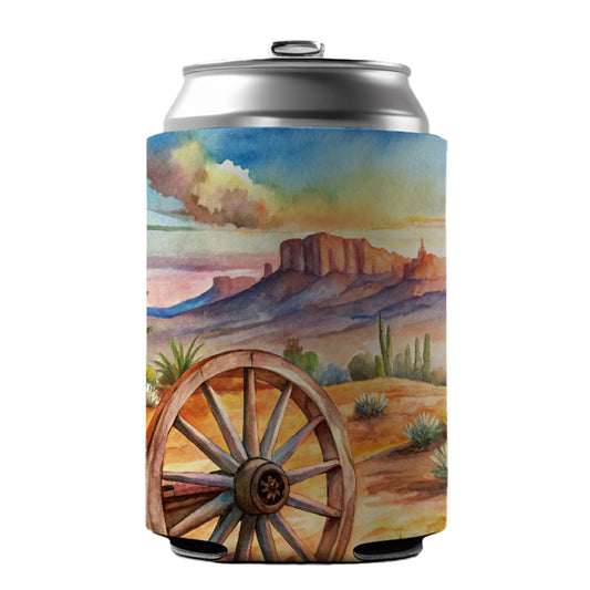 Southwest Desert With Abandoned Wagon Wheel Watercolor Can Cooler Beer Soda Drink Insulated Holder Sleeve Hugger