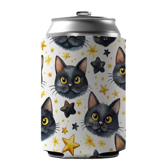 Sweet Black Cat Faces Yellow Stars Can Cooler Beer Soda Drink Insulated Holder Sleeve Hugger