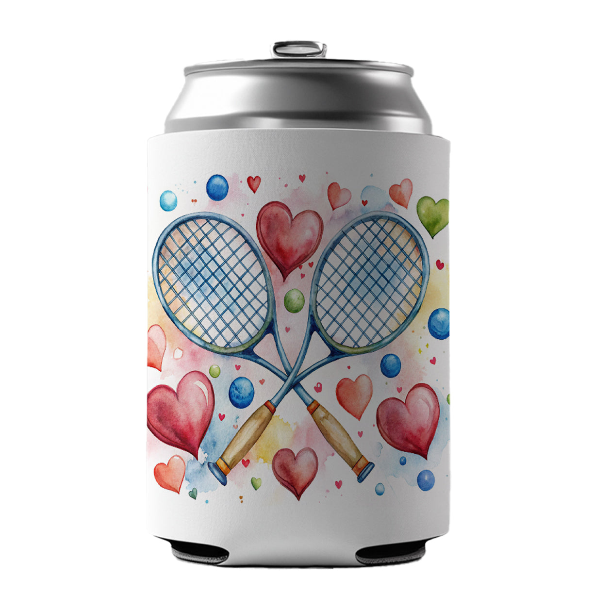 Tennis Rackets Crossed With Hearts Watercolor Can Cooler Beer Soda Drink Insulated Holder Sleeve Hugger