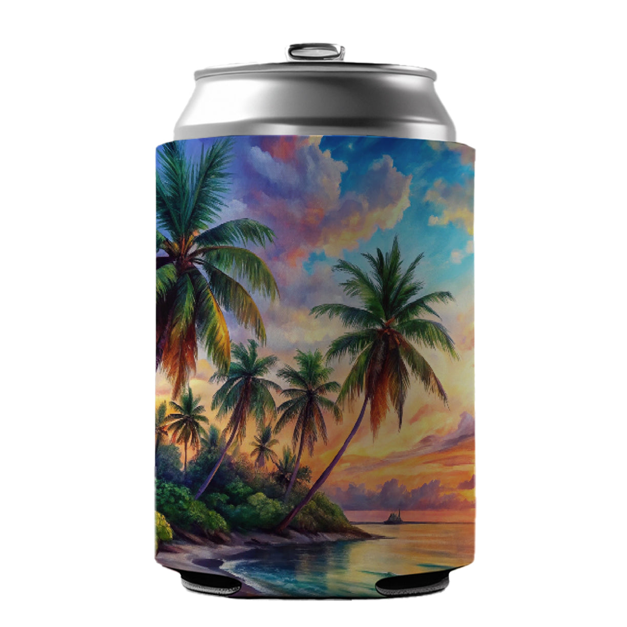 Tropical Beach At Sunset Watercolor Can Cooler Beer Soda Drink Insulated Holder Sleeve Hugger