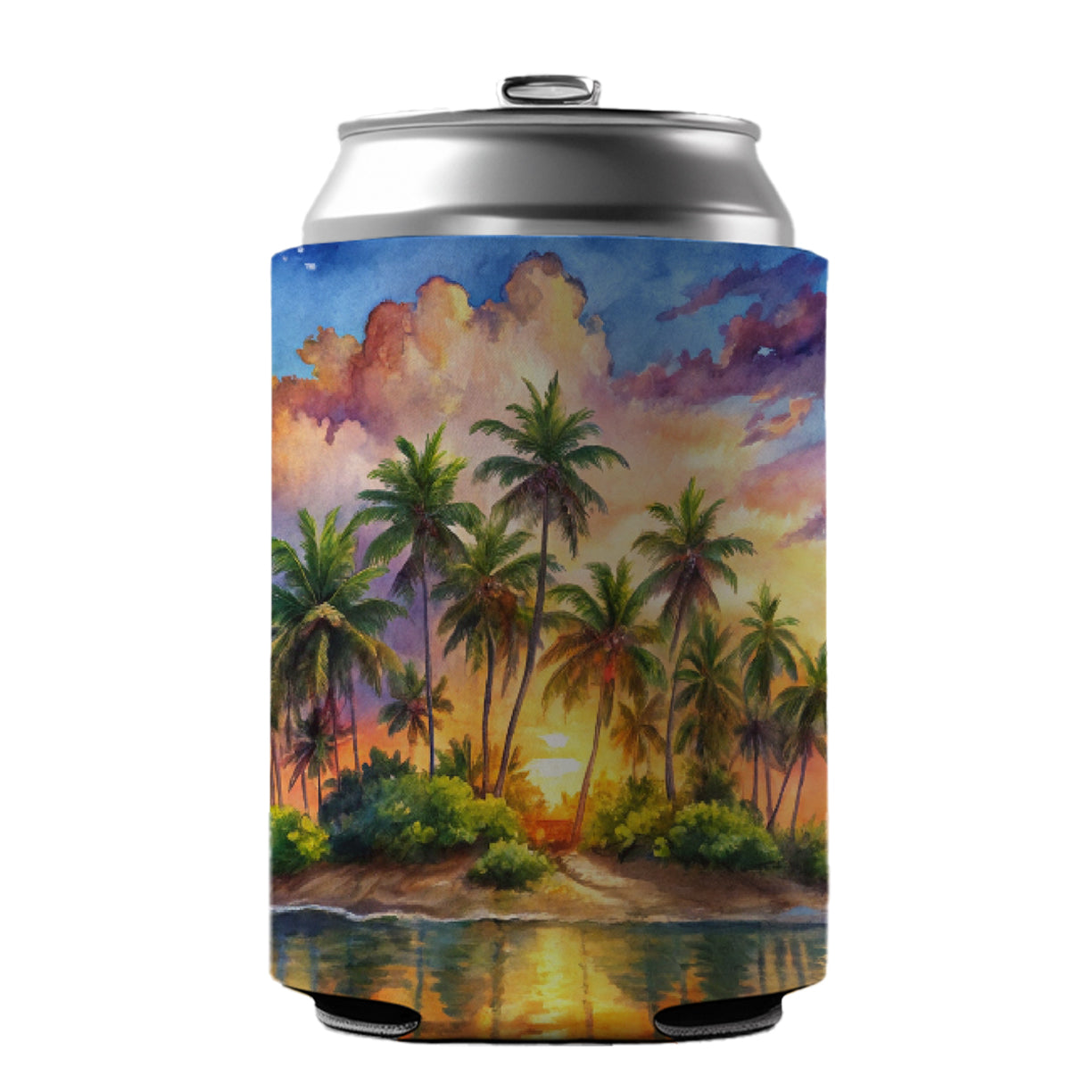 Tropical Deserted Island At Sunrise Watercolor Can Cooler Beer Soda Drink Insulated Holder Sleeve Hugger