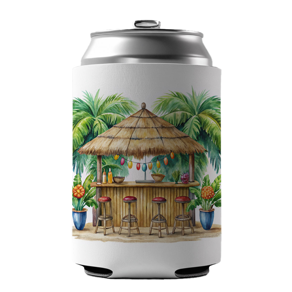 Tropical Resort Beach Tiki Bar Watercolor Can Cooler Beer Soda Drink Insulated Holder Sleeve Hugger