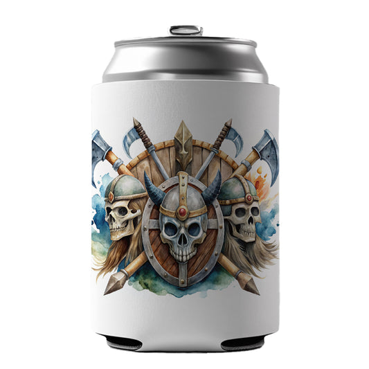 Viking Axes Shields And Skulls Watercolor Can Cooler Beer Soda Drink Insulated Holder Sleeve Hugger