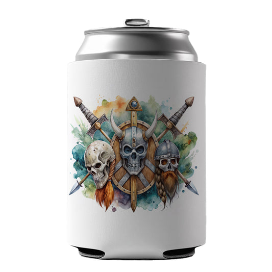 Viking Symbols Shields Swords Skulls Watercolor Can Cooler Beer Soda Drink Insulated Holder Sleeve Hugger