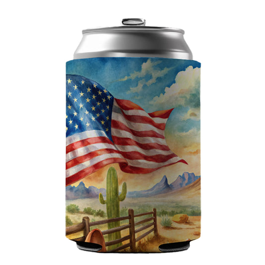 Western Americana American Flag Country Watercolor Can Cooler Beer Soda Drink Insulated Holder Sleeve Hugger