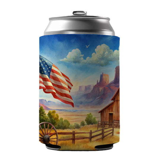 Western Americana Country Flag Ranch Wagon Wheel Can Cooler Beer Soda Drink Insulated Holder Sleeve Hugger