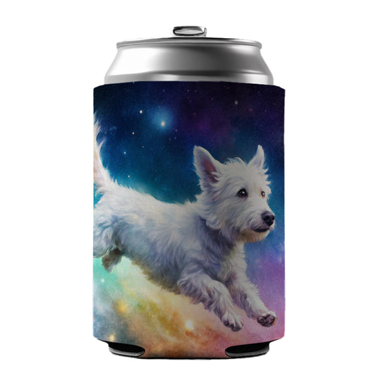 White Dog Flying Through Space Funny Watercolor Can Cooler Beer Soda Drink Insulated Holder Sleeve Hugger