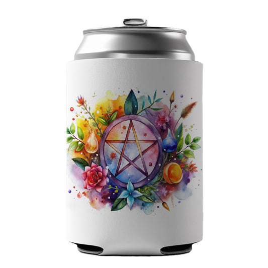 Witch Wiccan Pentagram Floral Watercolor Can Cooler Beer Soda Drink Insulated Holder Sleeve Hugger
