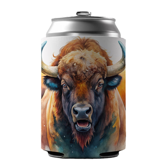 Angry American Bison Buffalo Watercolor Can Cooler Beer Soda Drink Insulated Holder Sleeve Hugger