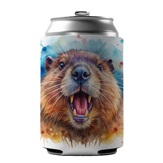 Angry Beaver Watercolor Can Cooler Beer Soda Drink Insulated Holder Sleeve Hugger