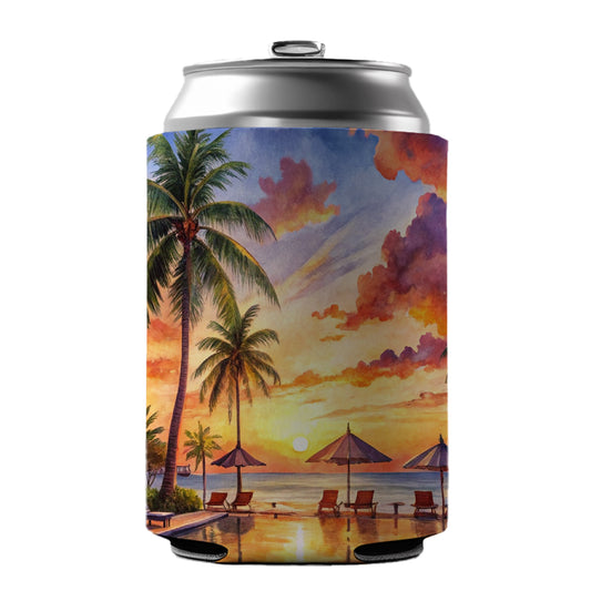 Beach Resort At Sunset Sunrise Tropical Watercolor Can Cooler Beer Soda Drink Insulated Holder Sleeve Hugger