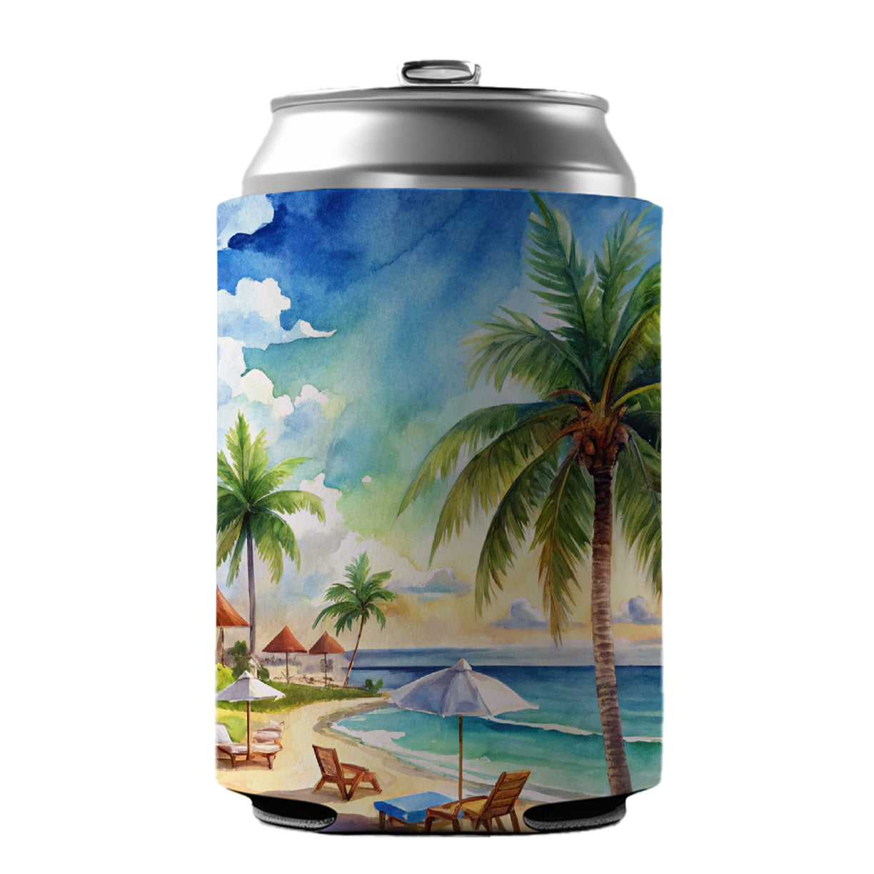 Beach Resort Tropical Scene Watercolor Can Cooler Beer Soda Drink Insulated Holder Sleeve Hugger