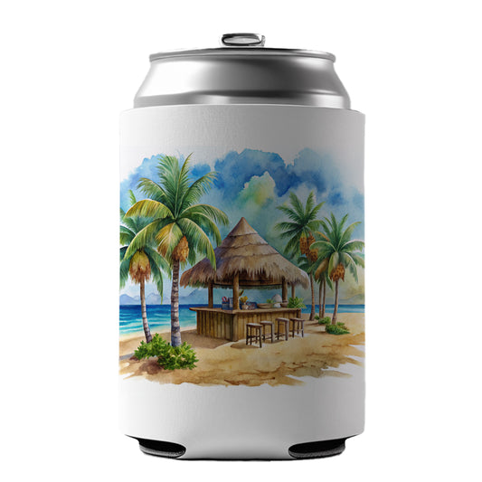 Beach Resort Tropical Scene With Tiki Bar Can Cooler Beer Soda Drink Insulated Holder Sleeve Hugger