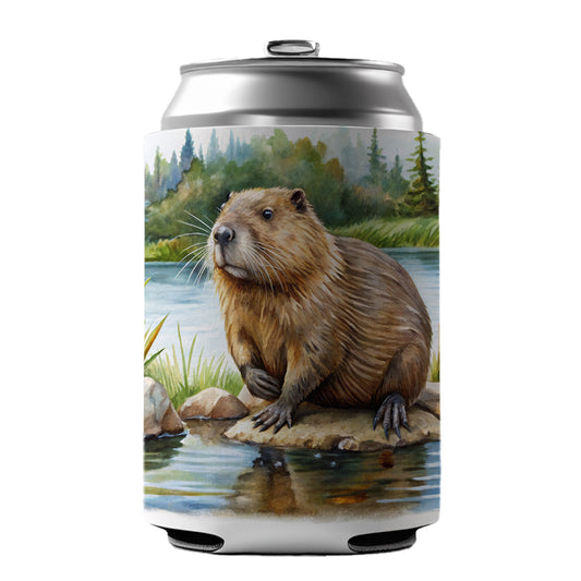 Beaver in the Pond Dam Watercolor Can Cooler Beer Soda Drink Insulated Holder Sleeve Hugger