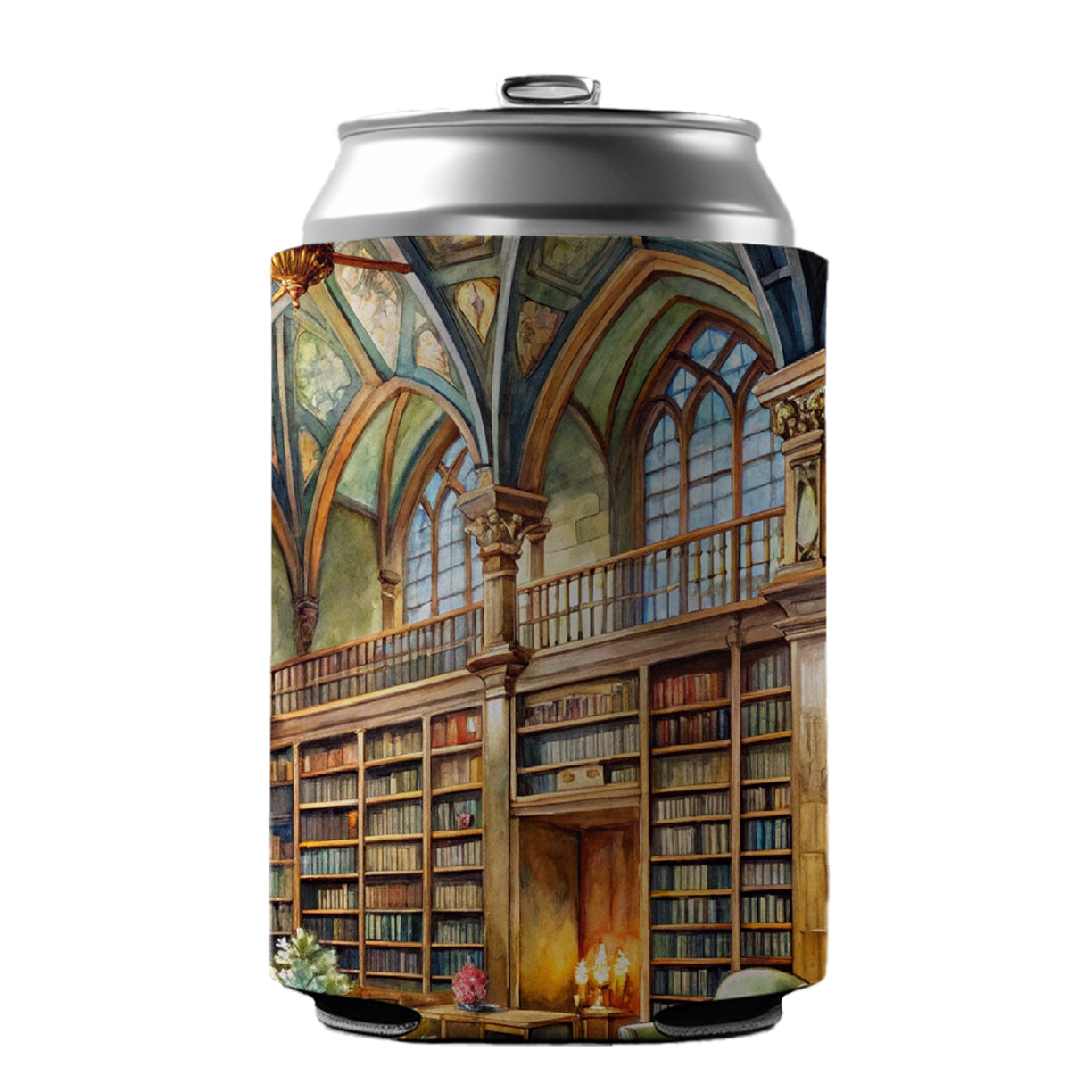 Castle Library Books Reading Watercolor Can Cooler Beer Soda Drink Insulated Holder Sleeve Hugger