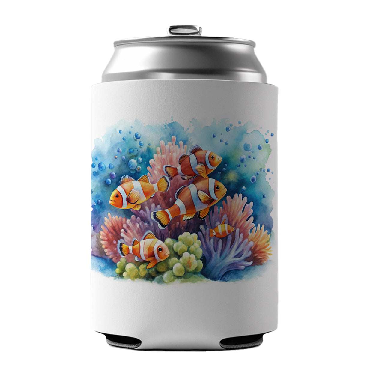 Clown Fish Swimming Around Coral Watercolor Can Cooler Beer Soda Drink Insulated Holder Sleeve Hugger
