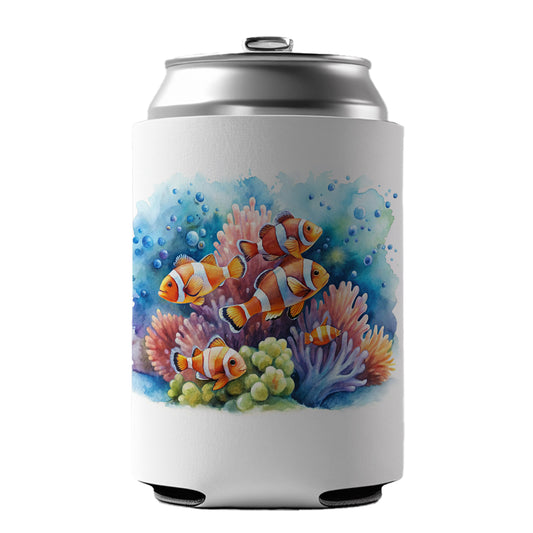 Clown Fish Swimming Around Coral Watercolor Can Cooler Beer Soda Drink Insulated Holder Sleeve Hugger