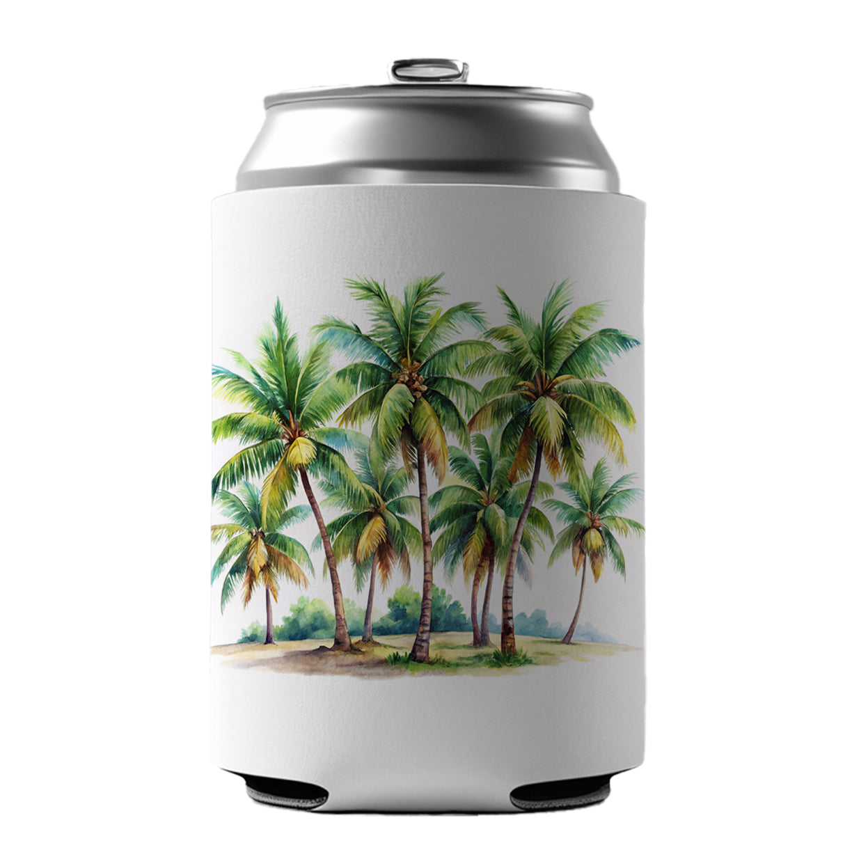 Coconut Trees Tropical Beach Watercolor Can Cooler Beer Soda Drink Insulated Holder Sleeve Hugger