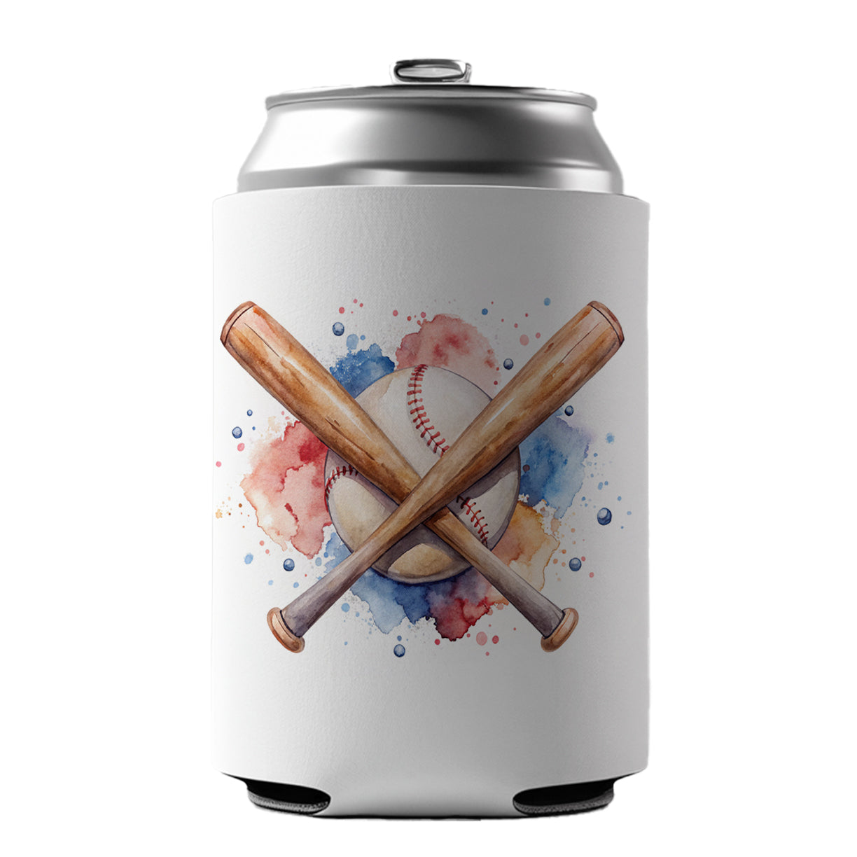 Crossed Baseball Bats And Balls Watercolor Can Cooler Beer Soda Drink Insulated Holder Sleeve Hugger
