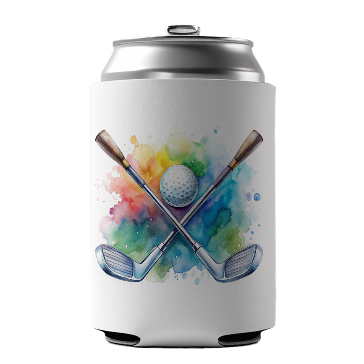 Crossed Golf Clubs And Ball Watercolor Can Cooler Beer Soda Drink Insulated Holder Sleeve Hugger
