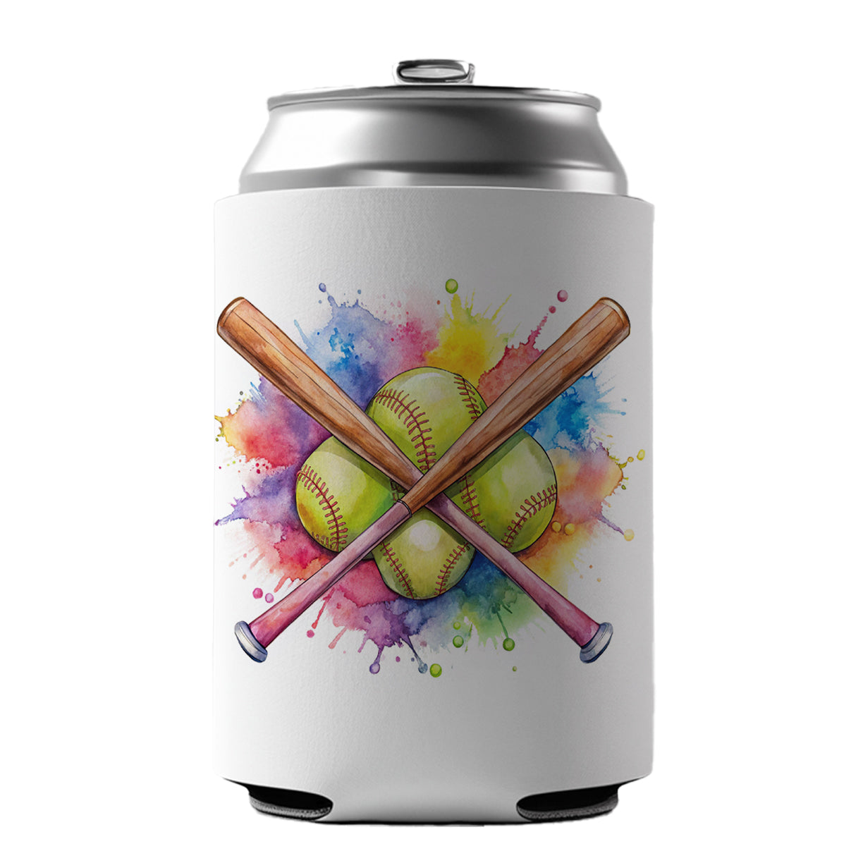 Crossed Softball Bats And Balls Watercolor Can Cooler Beer Soda Drink Insulated Holder Sleeve Hugger