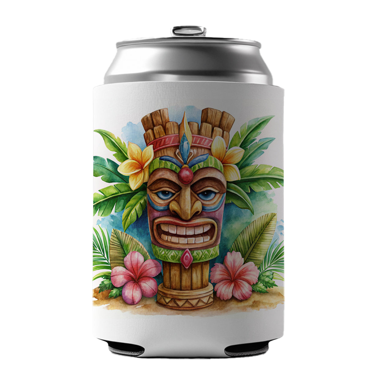 Hawaiian Tiki Statue Watercolor Can Cooler Beer Soda Drink Insulated Holder Sleeve Hugger