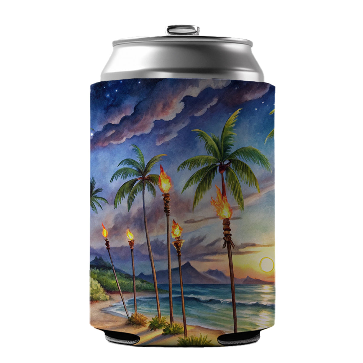 Hawaiian Tropical Beach Scene At Night Lit With Tiki Torches Can Cooler Beer Soda Drink Insulated Holder Sleeve Hugger