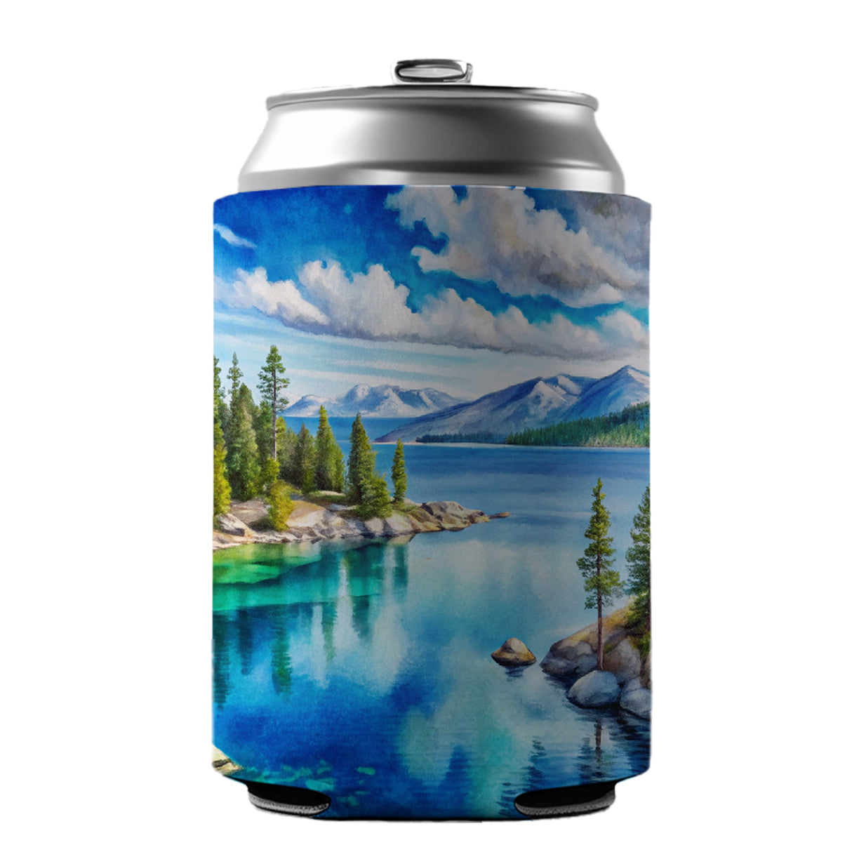 Lake Tahoe California Watercolor Can Cooler Beer Soda Drink Insulated Holder Sleeve Hugger