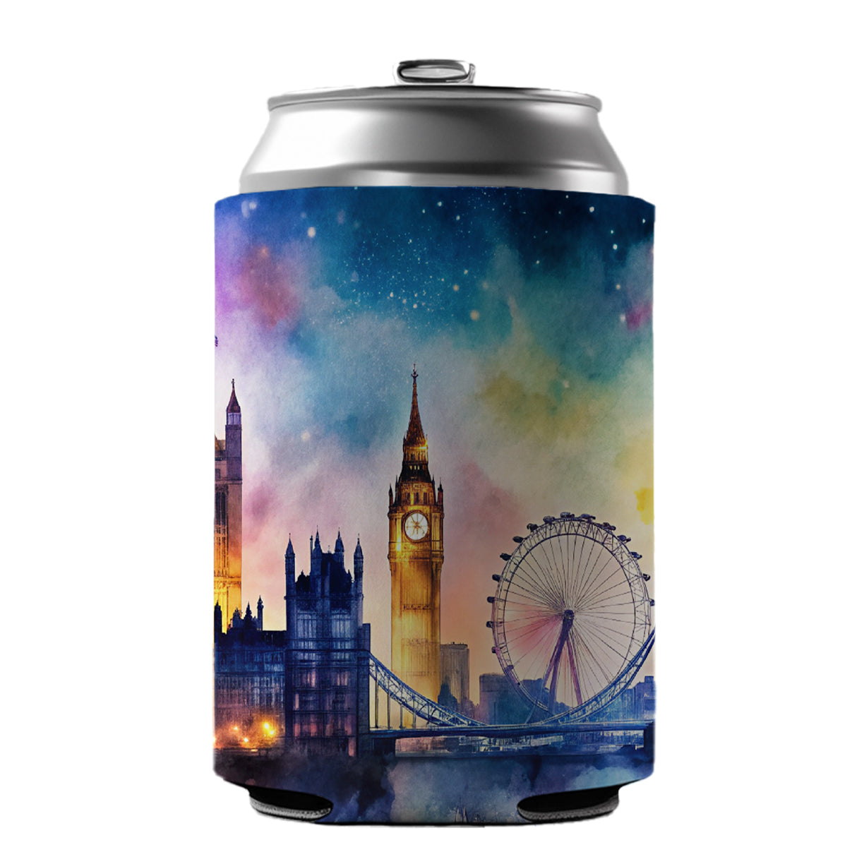 London Skyline At Night Scene Watercolor Can Cooler Beer Soda Drink Insulated Holder Sleeve Hugger