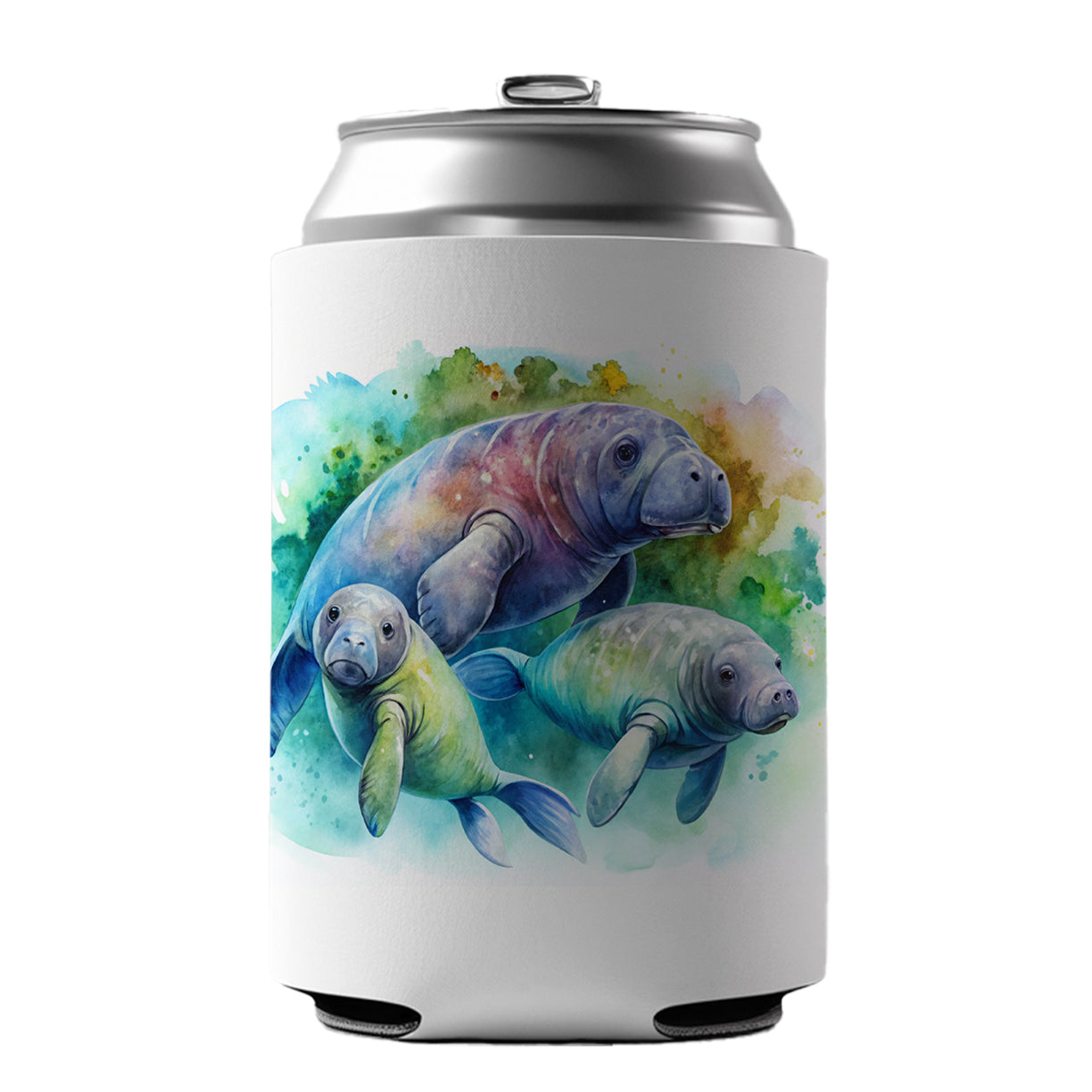 Manatees Family Watercolor Can Cooler Beer Soda Drink Insulated Holder Sleeve Hugger
