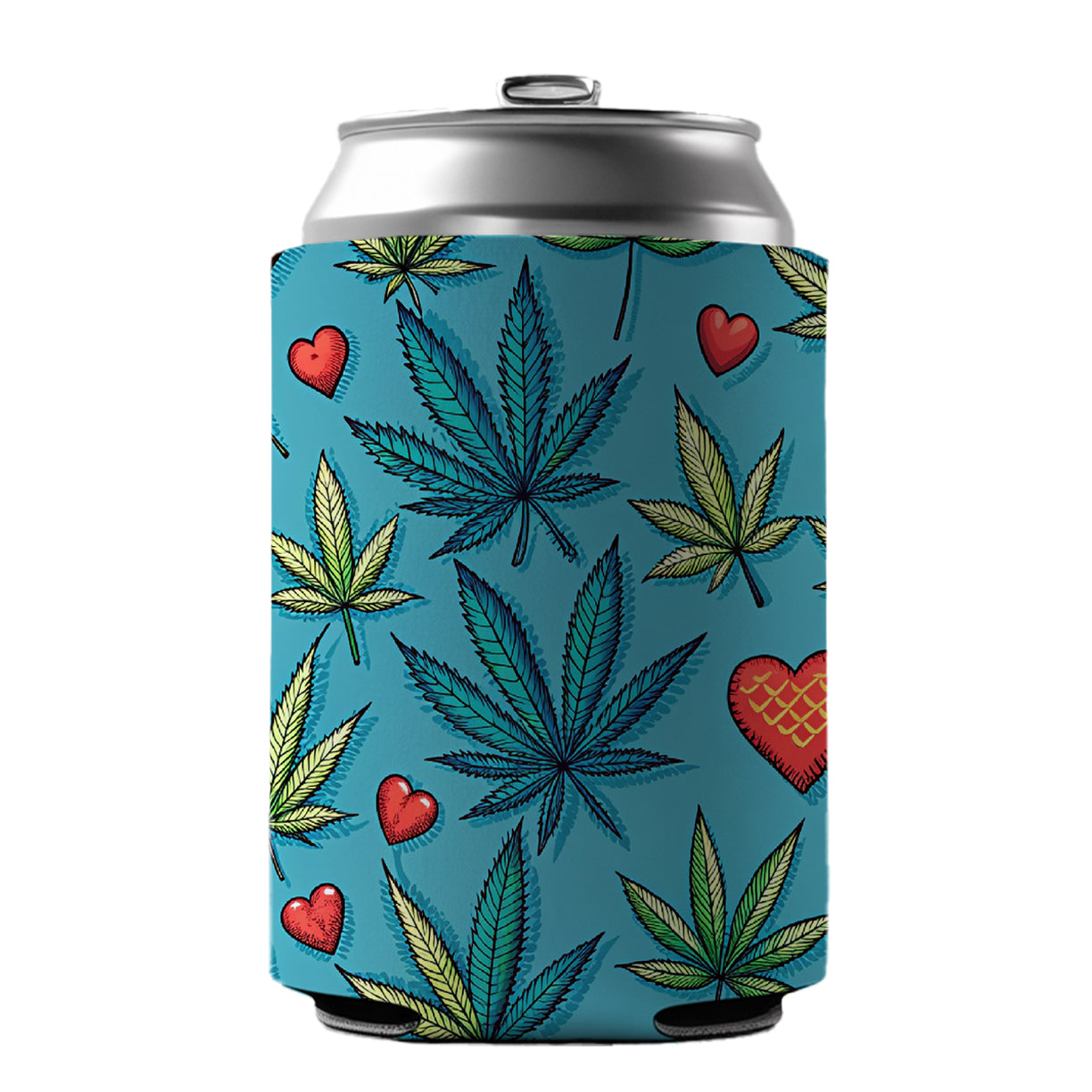 Marijuana Leaves And Hearts Blue Background Can Cooler Beer Soda Drink Insulated Holder Sleeve Hugger