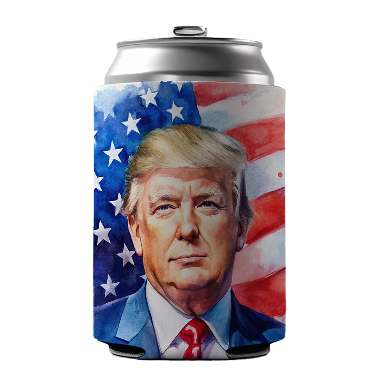 Patriotic Donald Trump American Flag Background Watercolor Can Cooler Beer Soda Drink Insulated Holder Sleeve Hugger