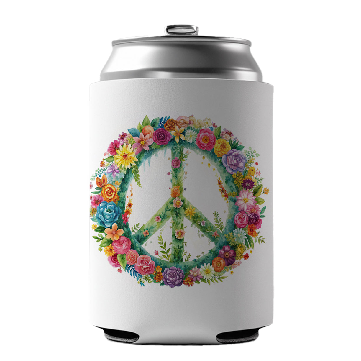 Peace Symbol Floral Watercolor Can Cooler Beer Soda Drink Insulated Holder Sleeve Hugger