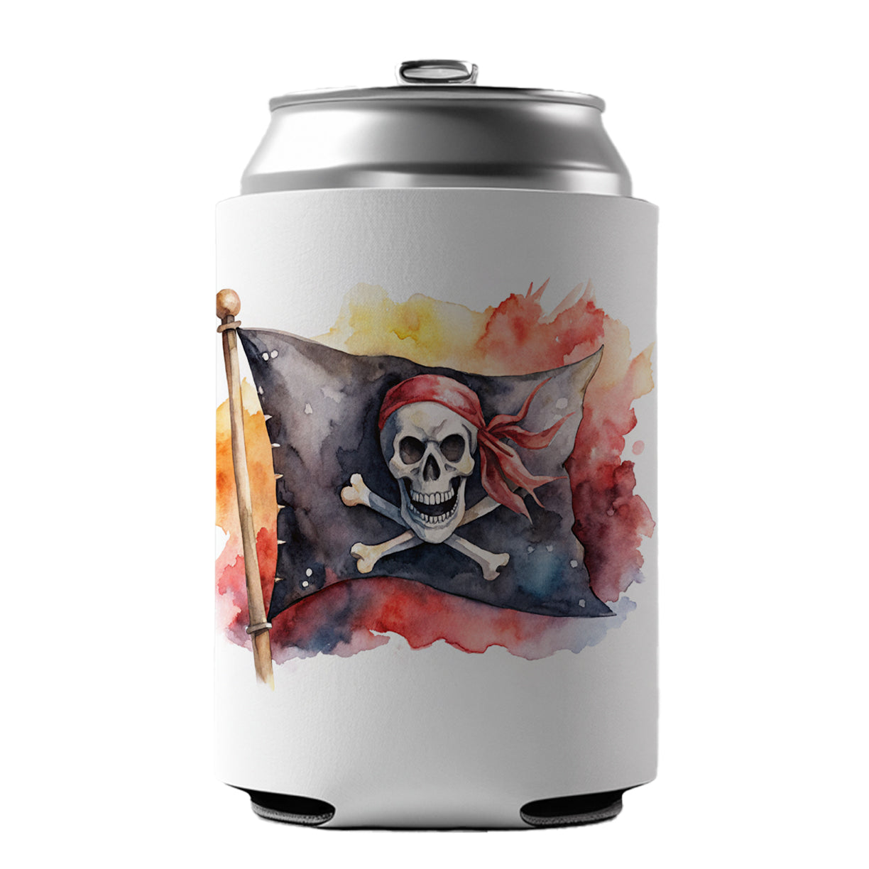 Pirate Jolly Roger Skull Crossbones Flag Watercolor Can Cooler Beer Soda Drink Insulated Holder Sleeve Hugger
