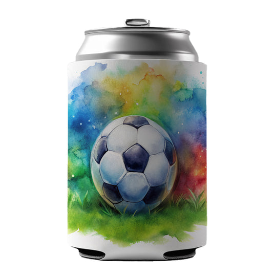 Soccer Ball On Field Watercolor Can Cooler Beer Soda Drink Insulated Holder Sleeve Hugger